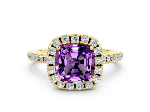 Yellow gold Cushion Cut Cut Diamond Floral Halo Engagement Ring with Pavé Band and Prong Setting