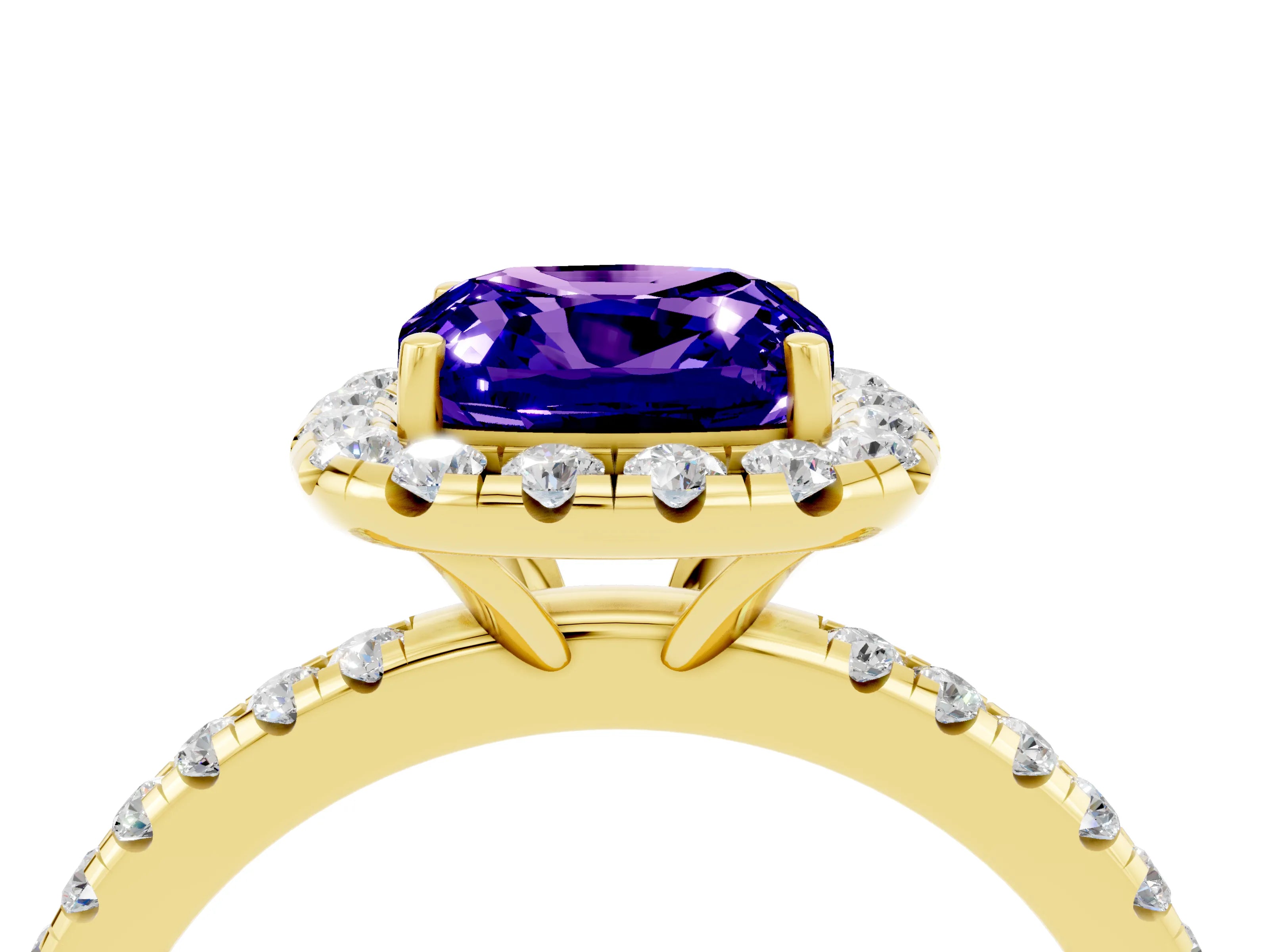 Yellow gold Cushion Cut Cut Diamond Floral Halo Engagement Ring with Pavé Band and Prong Setting_4