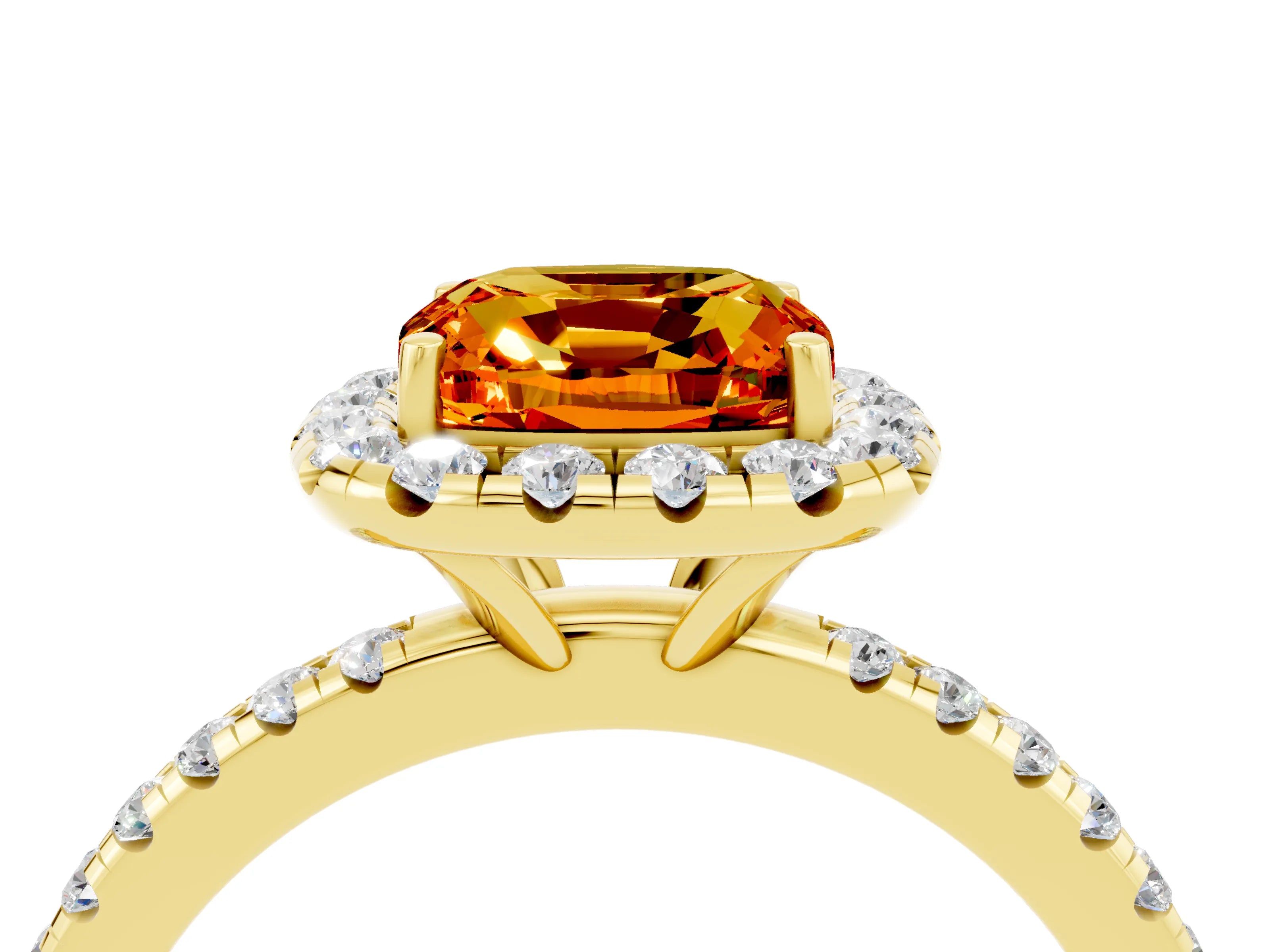 Yellow gold Cushion Cut Cut Diamond Floral Halo Engagement Ring with Pavé Band and Prong Setting_4