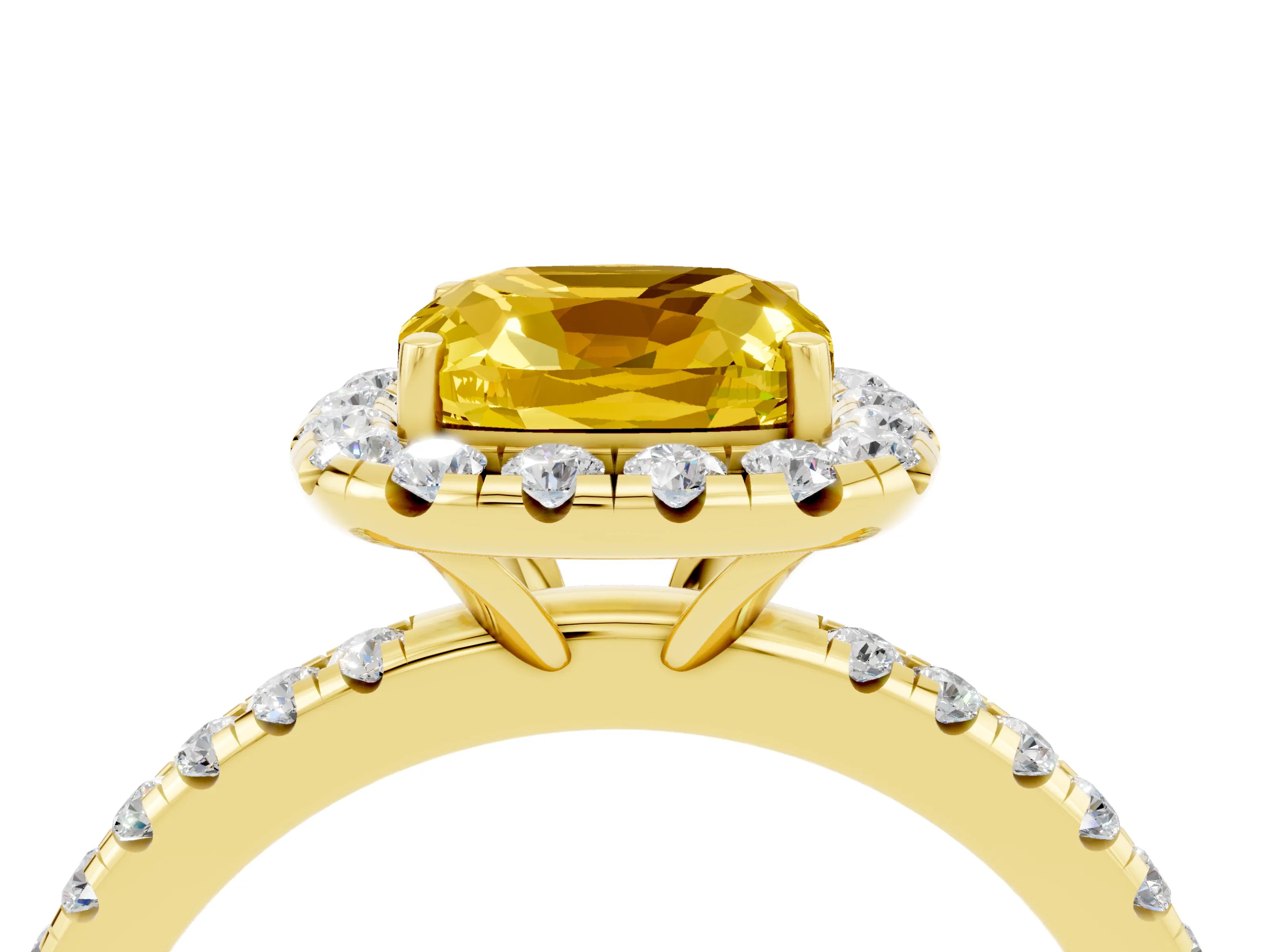 Yellow gold Cushion Cut Cut Diamond Floral Halo Engagement Ring with Pavé Band and Prong Setting_4