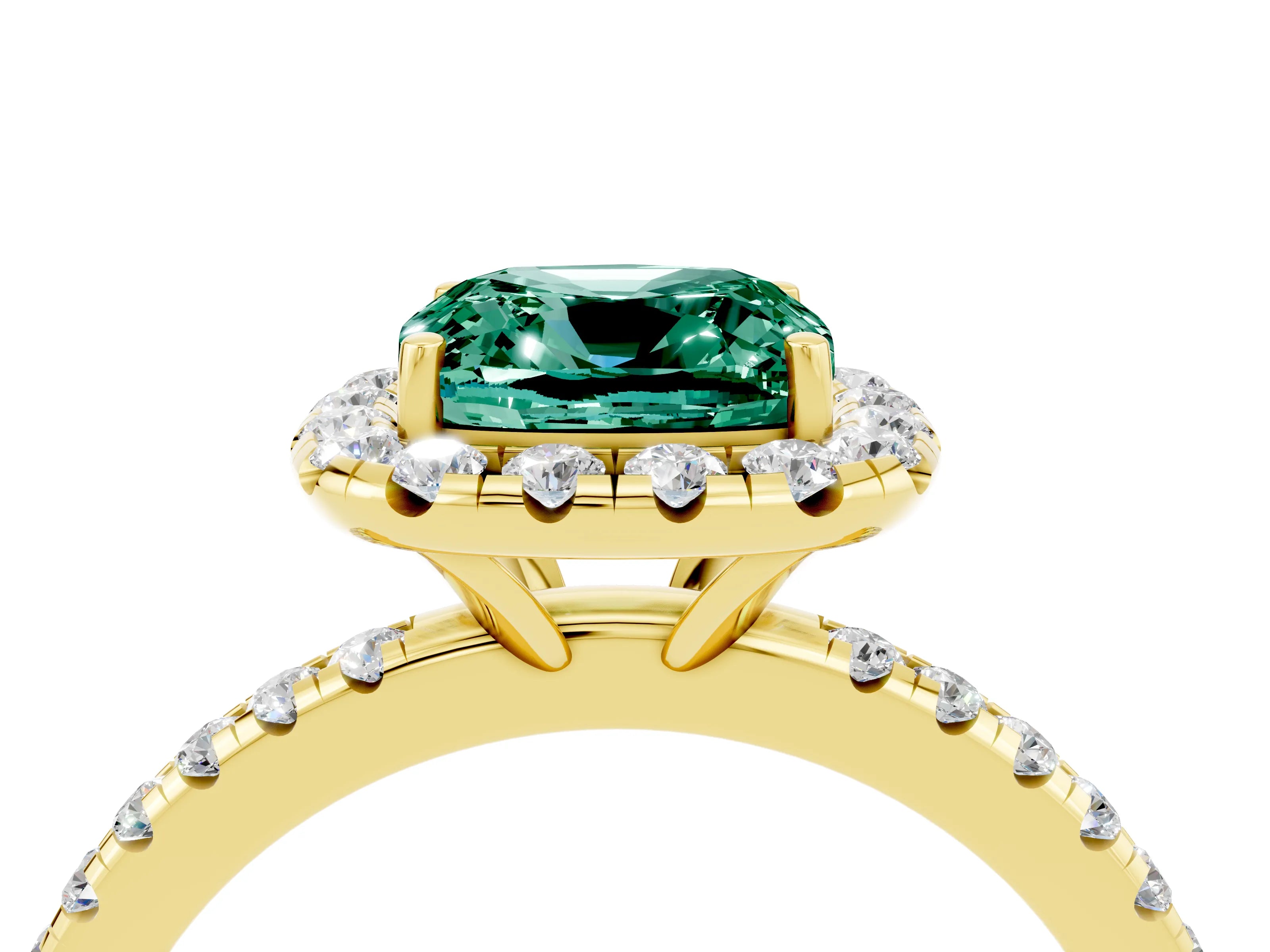 Yellow gold Cushion Cut Cut Diamond Floral Halo Engagement Ring with Pavé Band and Prong Setting_4