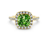 Yellow gold Cushion Cut Cut Diamond Floral Halo Engagement Ring with Pavé Band and Prong Setting