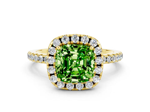 Yellow gold Cushion Cut Cut Diamond Floral Halo Engagement Ring with Pavé Band and Prong Setting