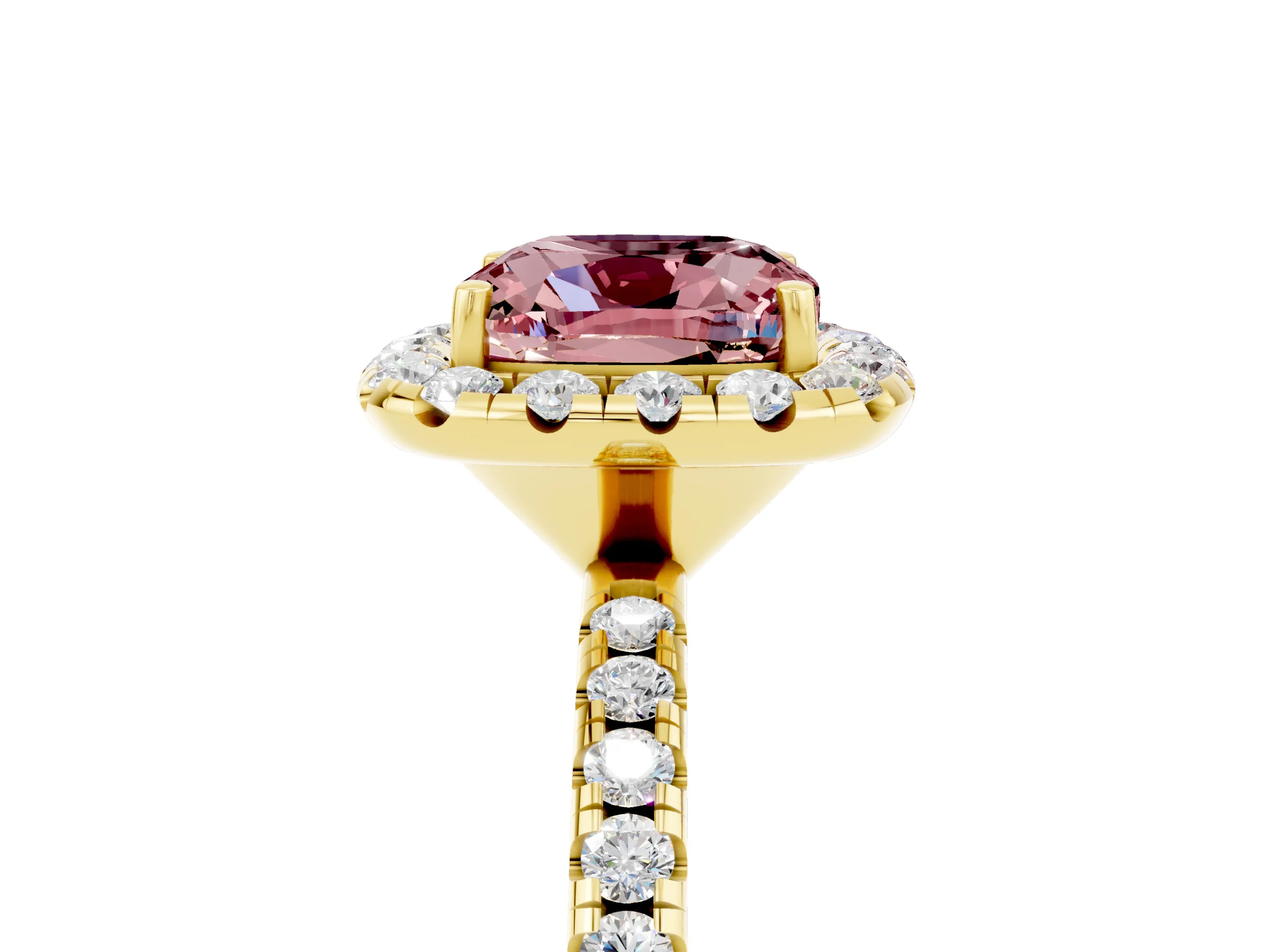 Yellow gold Cushion Cut Cut Diamond Floral Halo Engagement Ring with Pavé Band and Prong Setting_5