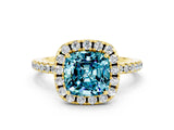 Yellow gold Cushion Cut Cut Diamond Floral Halo Engagement Ring with Pavé Band and Prong Setting