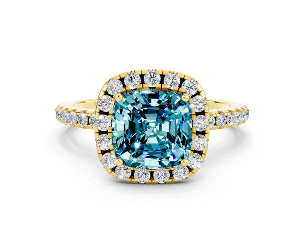 Yellow gold Cushion Cut Cut Diamond Floral Halo Engagement Ring with Pavé Band and Prong Setting