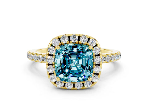 Yellow gold Cushion Cut Cut Diamond Floral Halo Engagement Ring with Pavé Band and Prong Setting