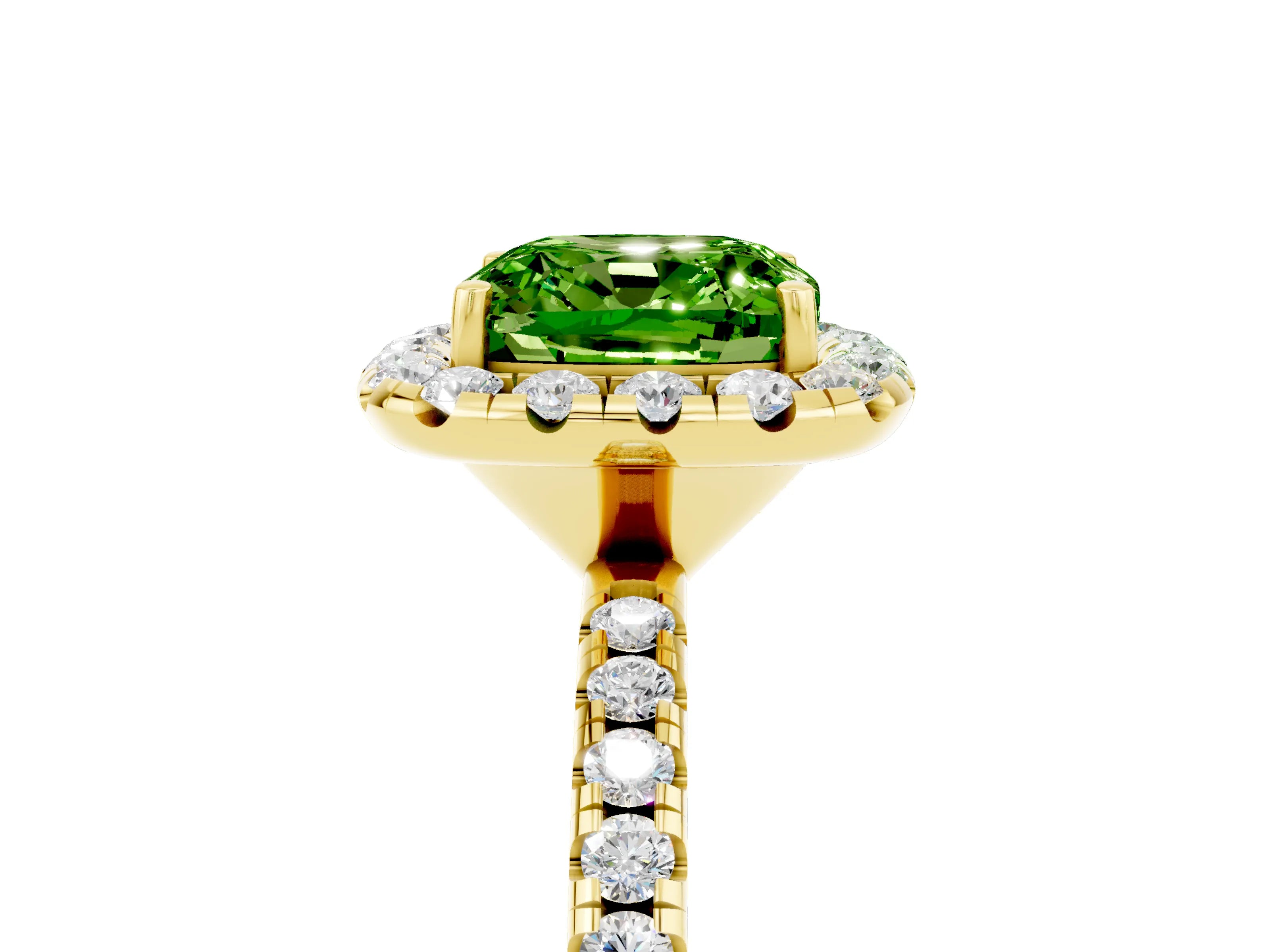 Yellow gold Cushion Cut Cut Diamond Floral Halo Engagement Ring with Pavé Band and Prong Setting_5