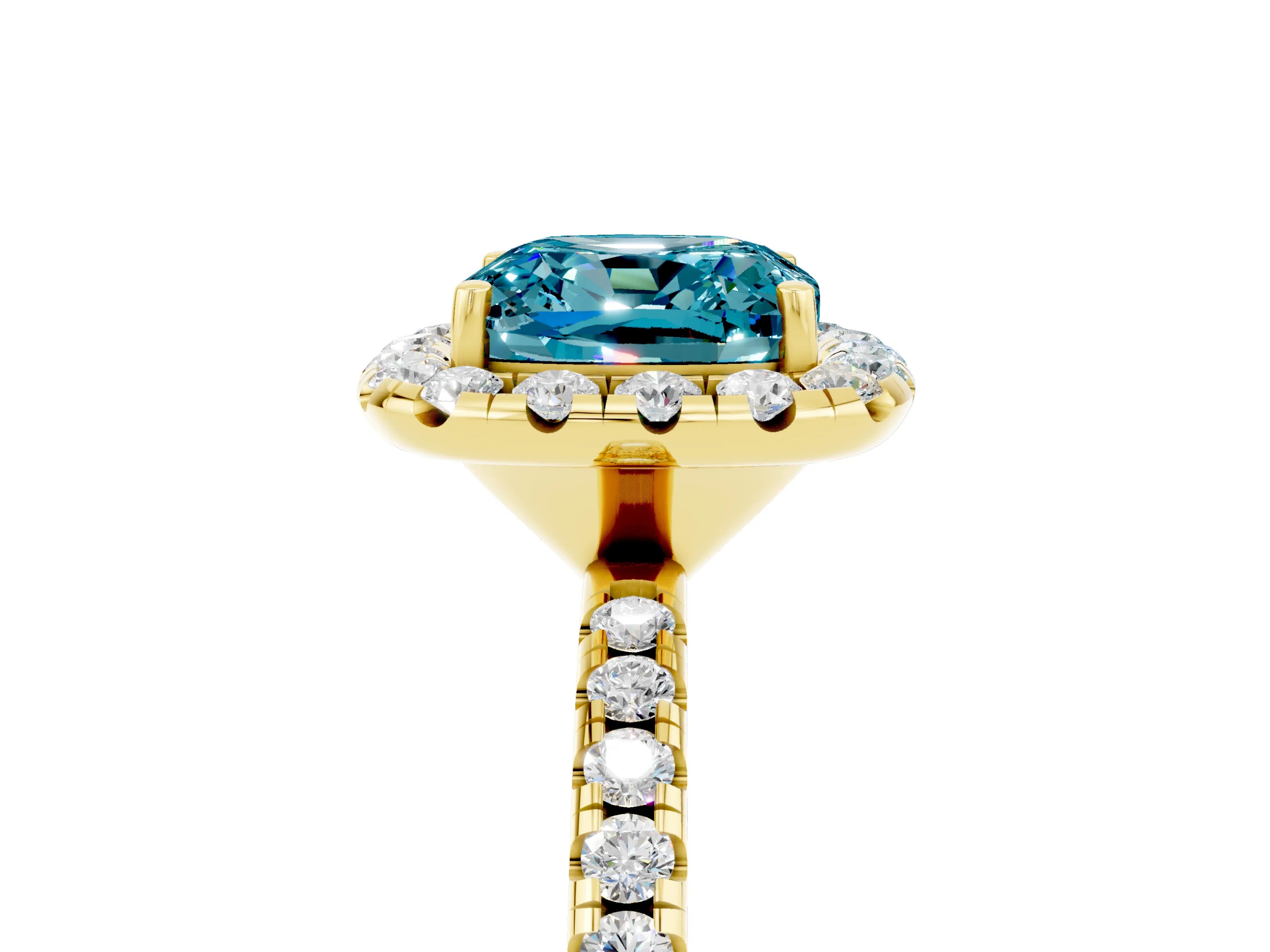 Yellow gold Cushion Cut Cut Diamond Floral Halo Engagement Ring with Pavé Band and Prong Setting_5