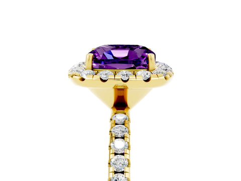 Yellow gold Cushion Cut Cut Diamond Floral Halo Engagement Ring with Pavé Band and Prong Setting_5