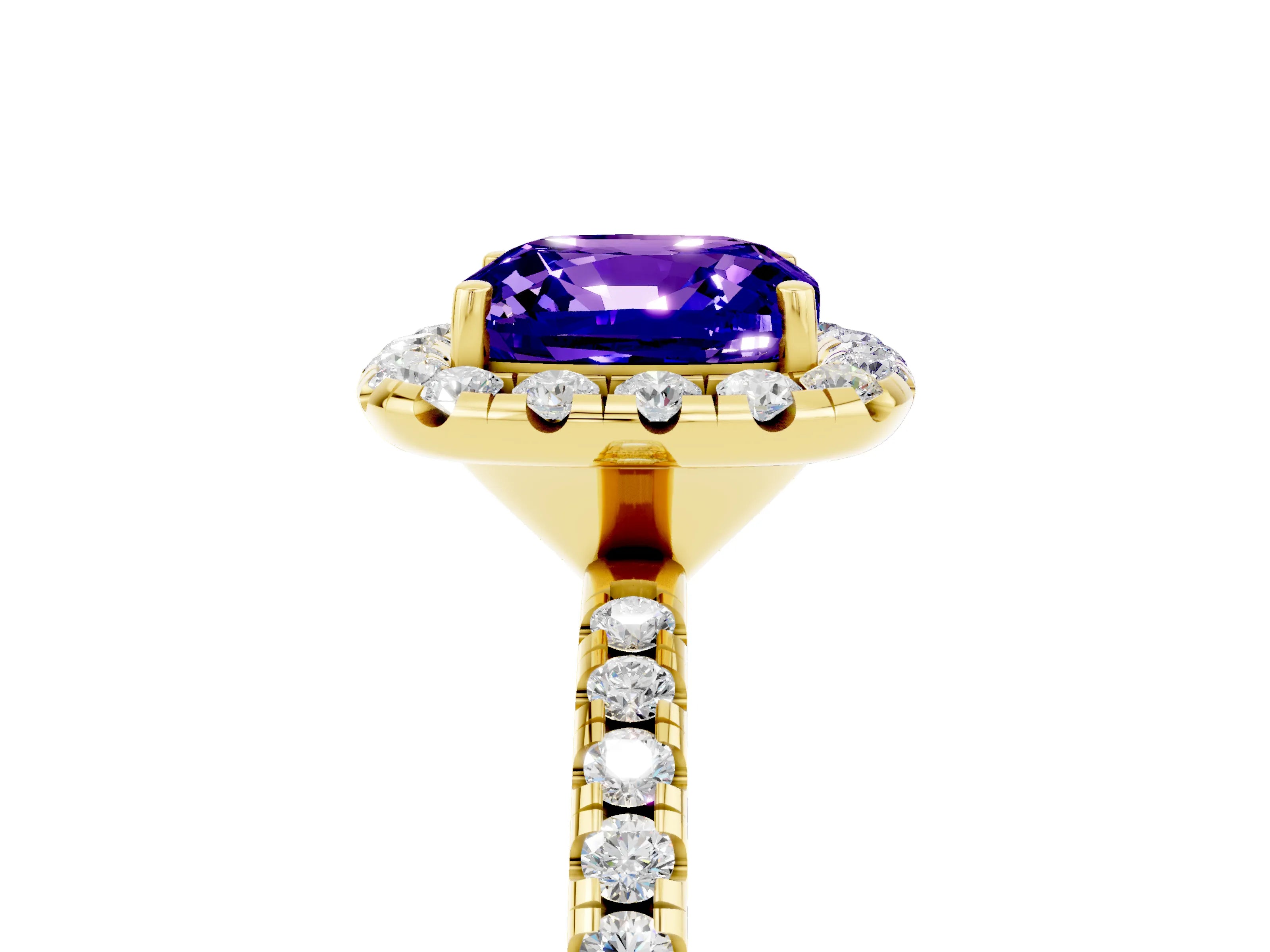 Yellow gold Cushion Cut Cut Diamond Floral Halo Engagement Ring with Pavé Band and Prong Setting_5