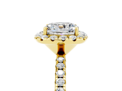 Yellow gold Cushion Cut Cut Diamond Floral Halo Engagement Ring with Pavé Band and Prong Setting_5