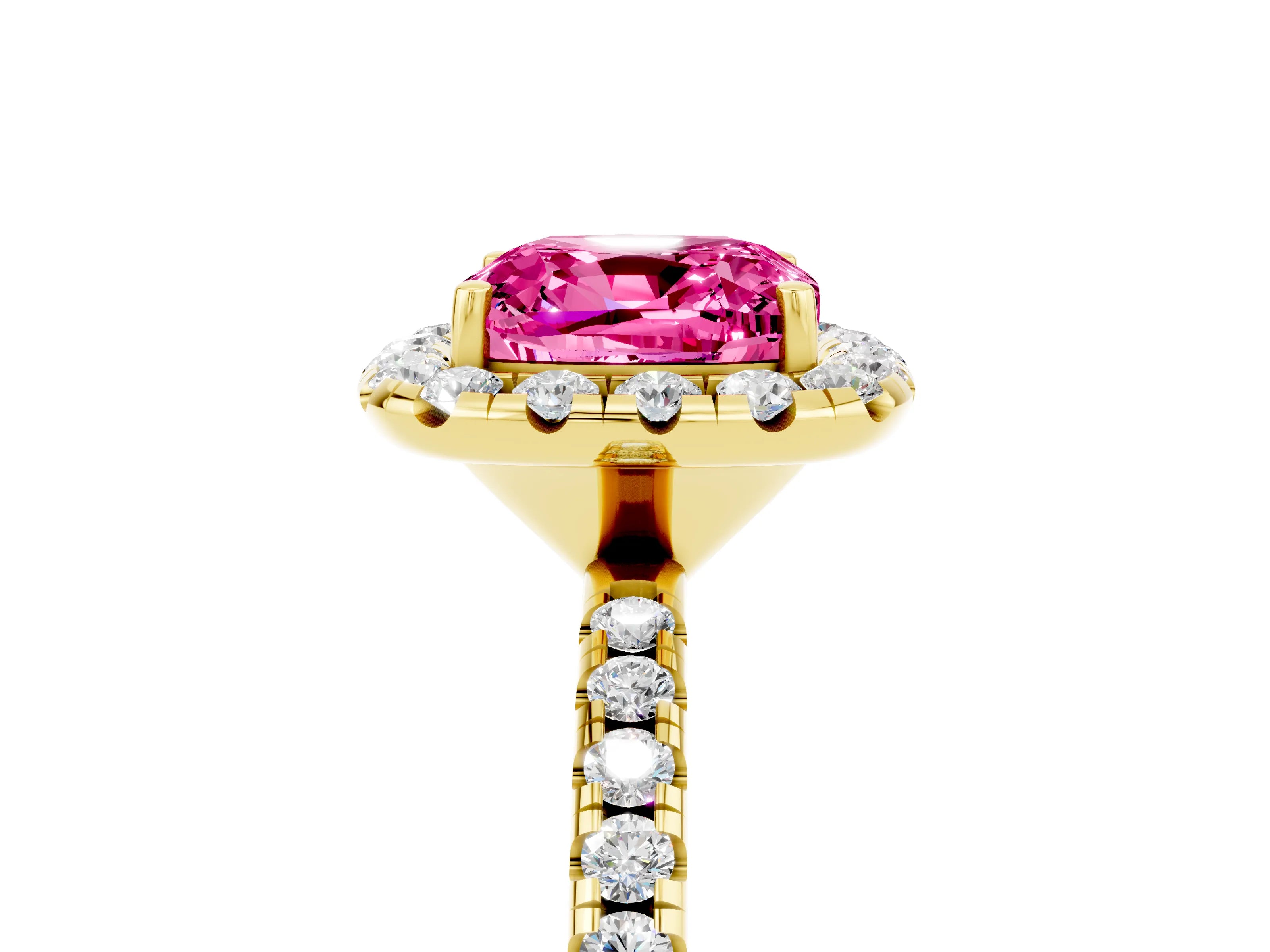 Yellow gold Cushion Cut Cut Diamond Floral Halo Engagement Ring with Pavé Band and Prong Setting_5