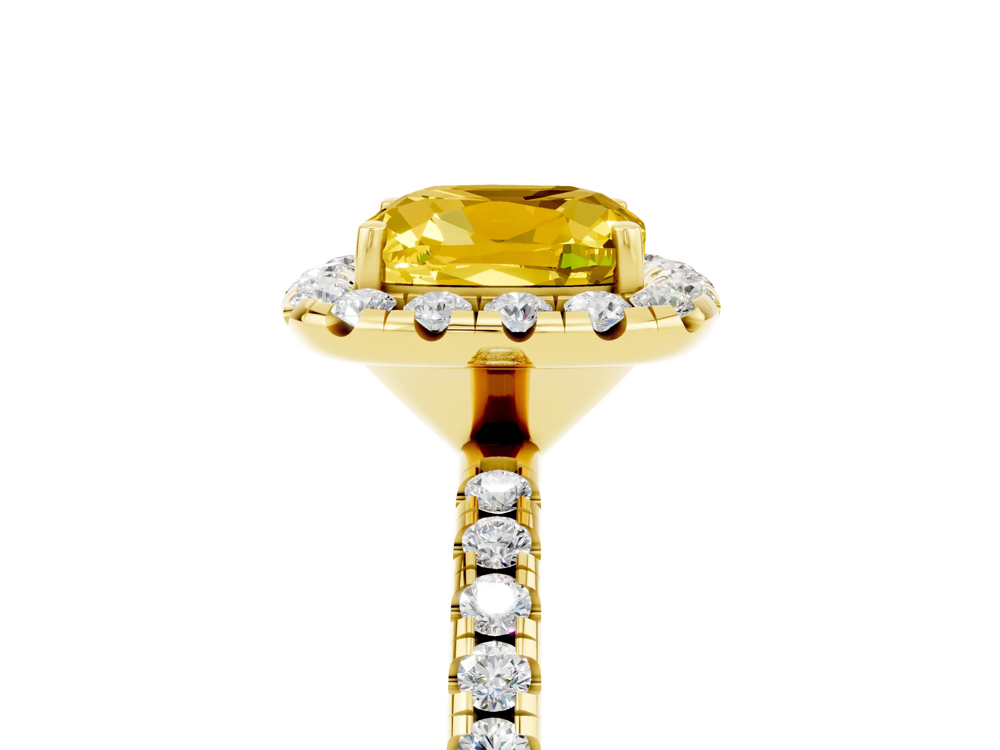 Yellow gold Cushion Cut Cut Diamond Floral Halo Engagement Ring with Pavé Band and Prong Setting_5