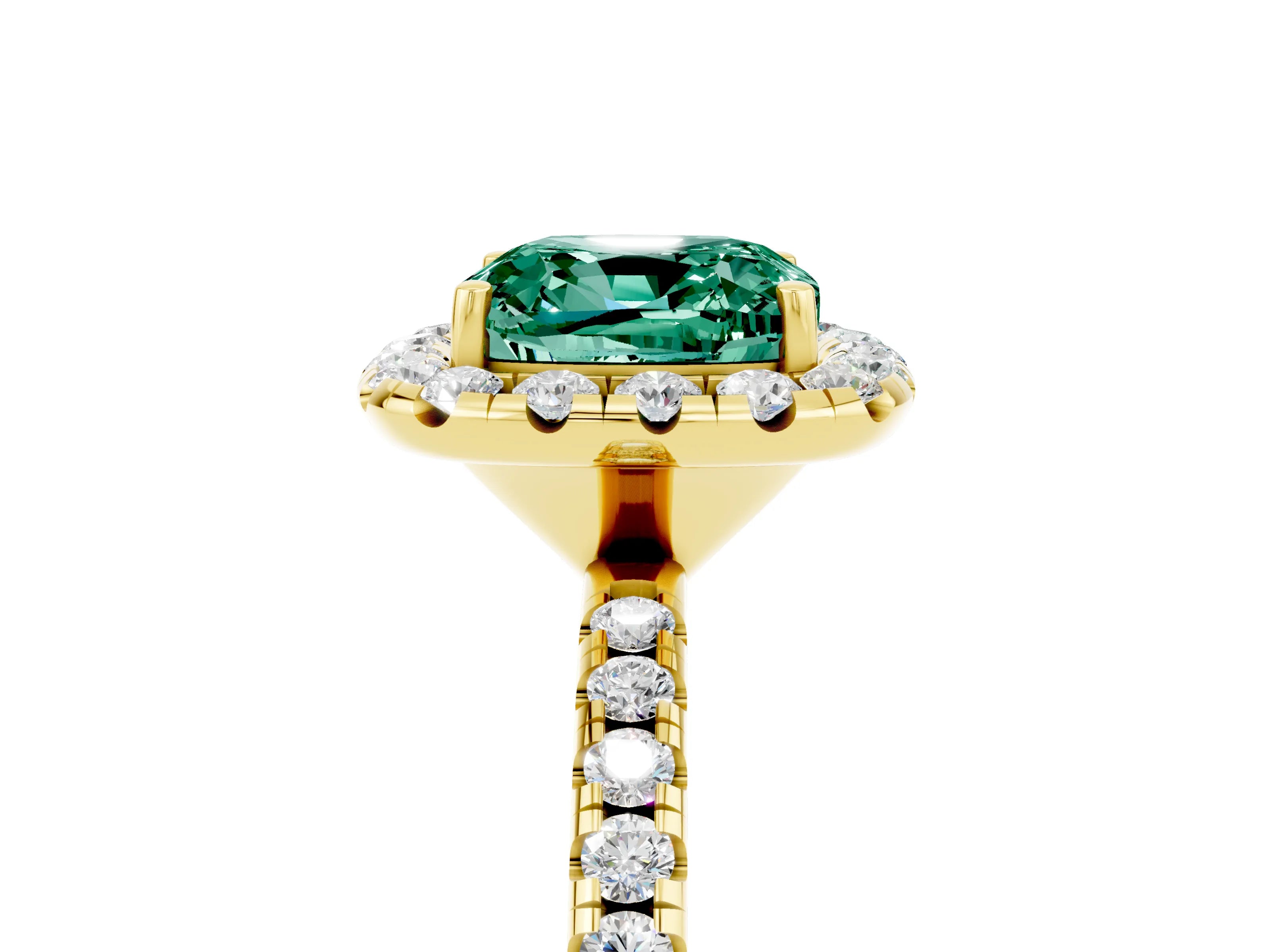 Yellow gold Cushion Cut Cut Diamond Floral Halo Engagement Ring with Pavé Band and Prong Setting_5
