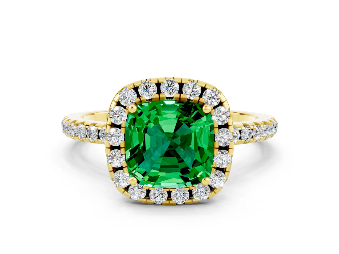 Yellow gold Cushion Cut Cut Diamond Floral Halo Engagement Ring with Pavé Band and Prong Setting