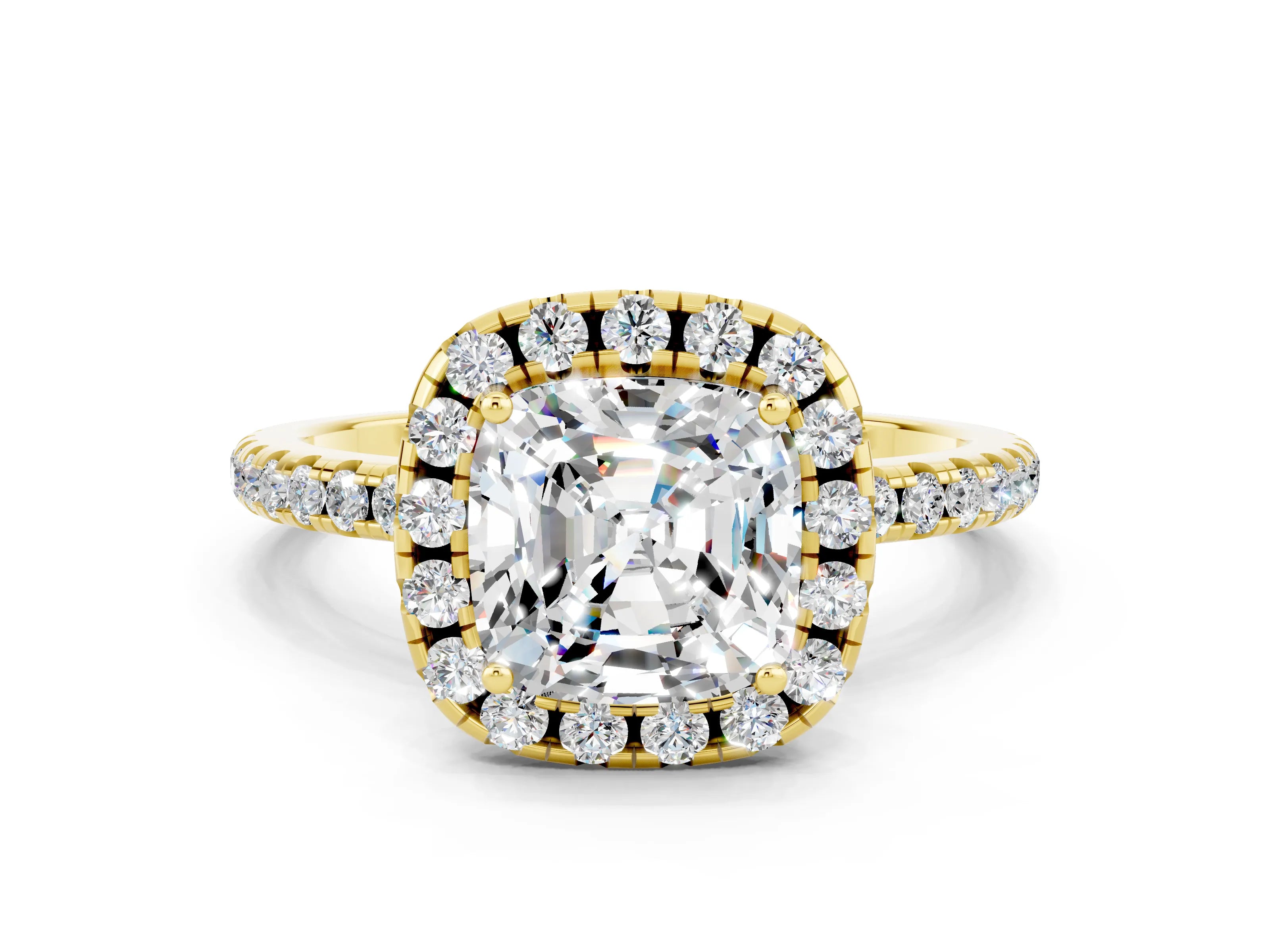 Yellow gold Cushion Cut Cut Diamond Floral Halo Engagement Ring with Pavé Band and Prong Setting