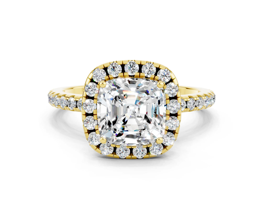 Yellow gold Cushion Cut Cut Diamond Floral Halo Engagement Ring with Pavé Band and Prong Setting