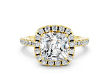 Yellow gold Cushion Cut Cut Diamond Floral Halo Engagement Ring with Pavé Band and Prong Setting