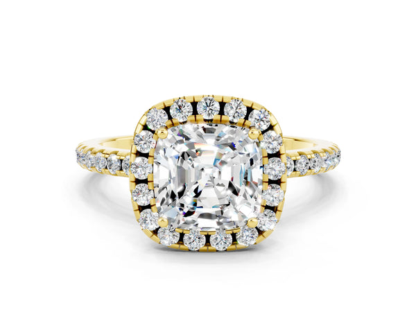 Yellow gold Cushion Cut Moissanite Halo Engagement Ring with Round Pavé Band and Prong Setting