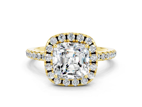 Yellow gold Cushion Cut Cut Diamond Floral Halo Engagement Ring with Pavé Band and Prong Setting