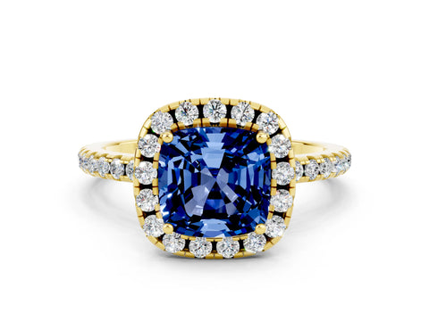 Yellow gold Cushion Cut Cut Diamond Floral Halo Engagement Ring with Pavé Band and Prong Setting