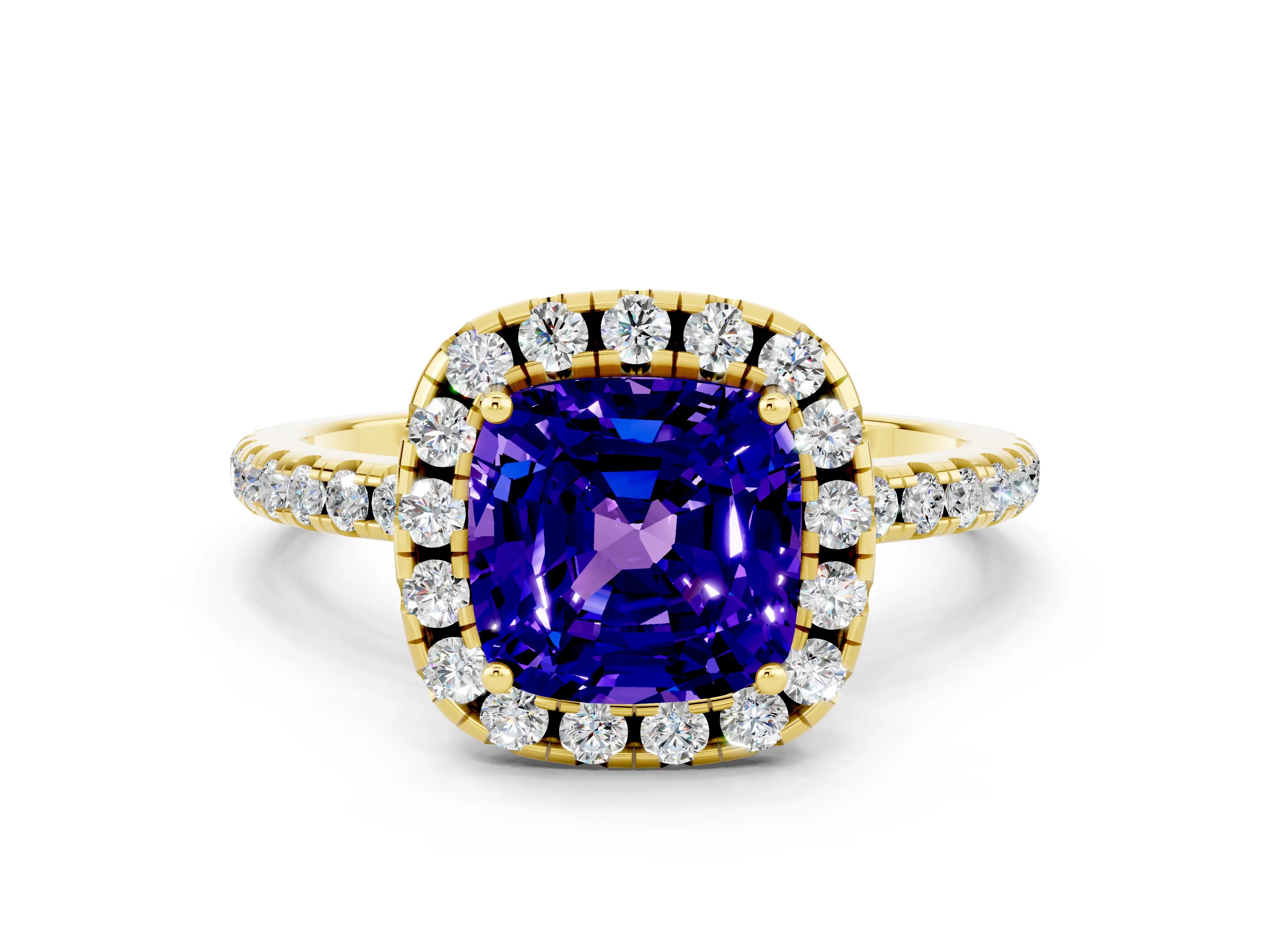 Yellow gold Cushion Cut Cut Diamond Floral Halo Engagement Ring with Pavé Band and Prong Setting