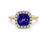 Yellow gold Cushion Cut Cut Diamond Floral Halo Engagement Ring with Pavé Band and Prong Setting