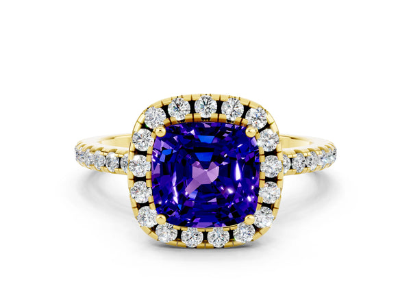 Yellow gold Cushion Cut Tanzanite Halo Engagement Ring with Round Pavé Band and Prong Setting