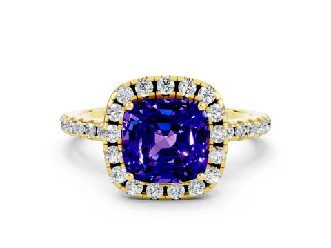 Yellow gold Cushion Cut Cut Diamond Floral Halo Engagement Ring with Pavé Band and Prong Setting