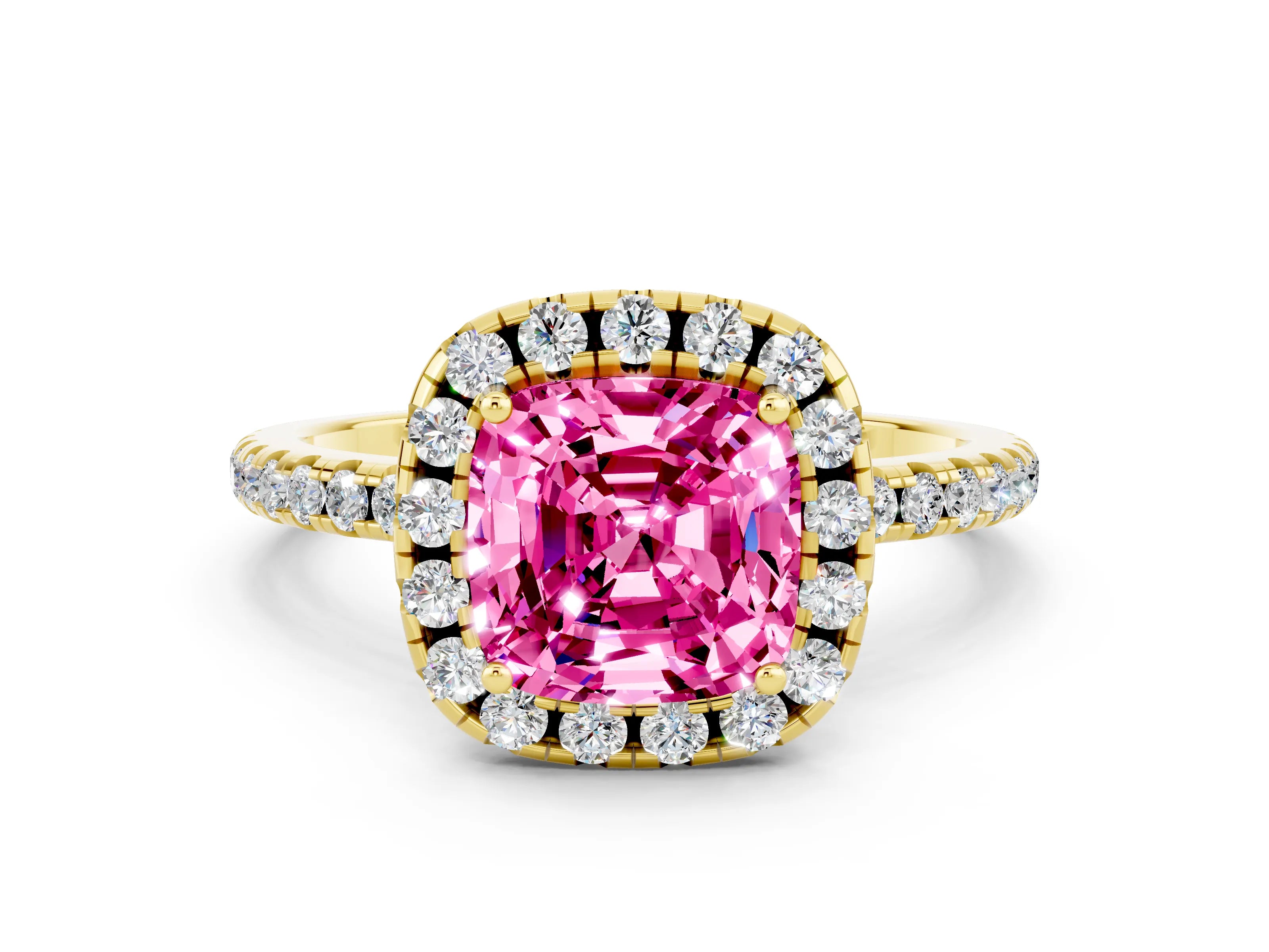Yellow gold Cushion Cut Cut Diamond Floral Halo Engagement Ring with Pavé Band and Prong Setting