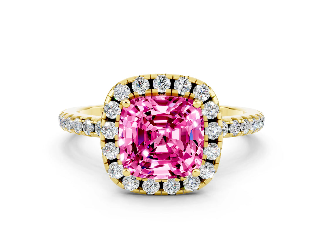 Yellow gold Cushion Cut Cut Diamond Floral Halo Engagement Ring with Pavé Band and Prong Setting
