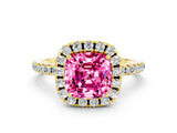 Yellow gold Cushion Cut Cut Diamond Floral Halo Engagement Ring with Pavé Band and Prong Setting