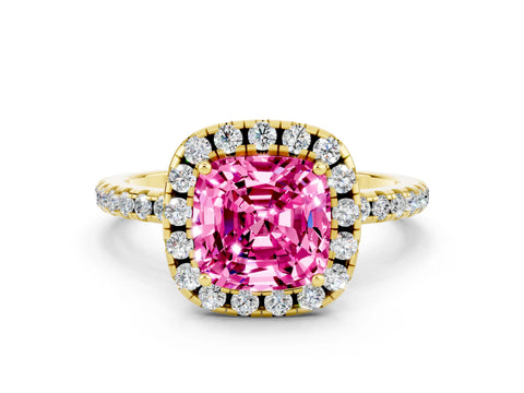 Yellow gold Cushion Cut Cut Diamond Floral Halo Engagement Ring with Pavé Band and Prong Setting