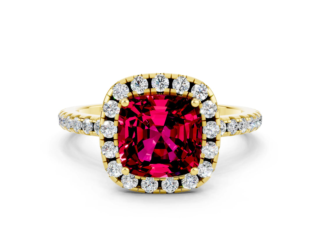 Yellow gold Cushion Cut Cut Diamond Floral Halo Engagement Ring with Pavé Band and Prong Setting