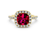Yellow gold Cushion Cut Cut Diamond Floral Halo Engagement Ring with Pavé Band and Prong Setting