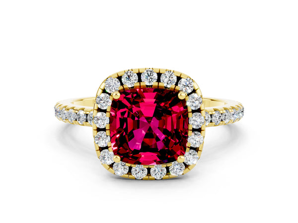 Yellow gold Cushion Cut Garnet Halo Engagement Ring with Round Pavé Band and Prong Setting