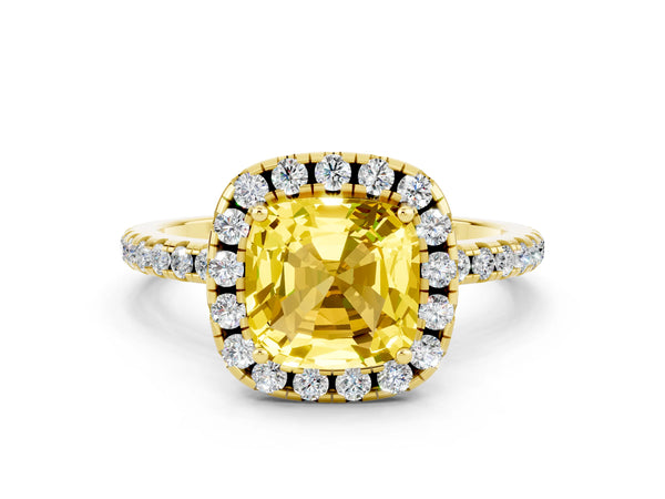 Yellow gold Cushion Cut Yellow Sapphire Halo Engagement Ring with Round Pavé Band and Prong Setting