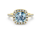 Yellow gold Cushion Cut Cut Diamond Floral Halo Engagement Ring with Pavé Band and Prong Setting