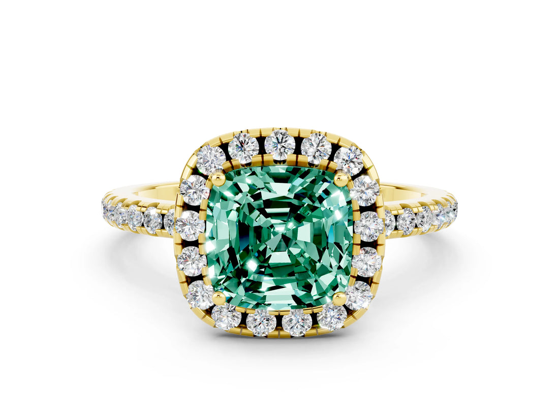 Yellow gold Cushion Cut Cut Diamond Floral Halo Engagement Ring with Pavé Band and Prong Setting