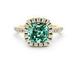 Yellow gold Cushion Cut Cut Diamond Floral Halo Engagement Ring with Pavé Band and Prong Setting
