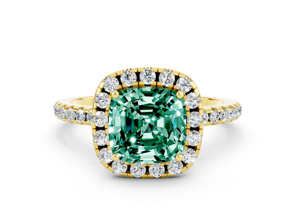 Yellow gold Cushion Cut Green Sapphire Halo Engagement Ring with Round Pavé Band and Prong Setting