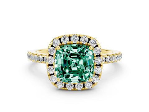 Yellow gold Cushion Cut Cut Diamond Floral Halo Engagement Ring with Pavé Band and Prong Setting