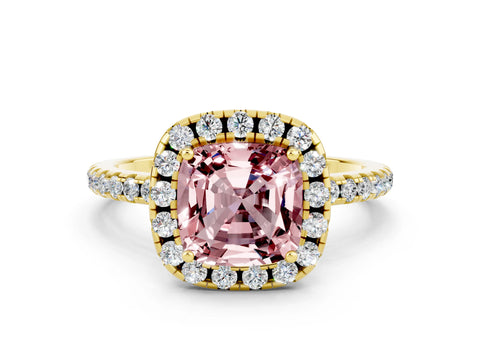 Yellow gold Cushion Cut Cut Diamond Floral Halo Engagement Ring with Pavé Band and Prong Setting