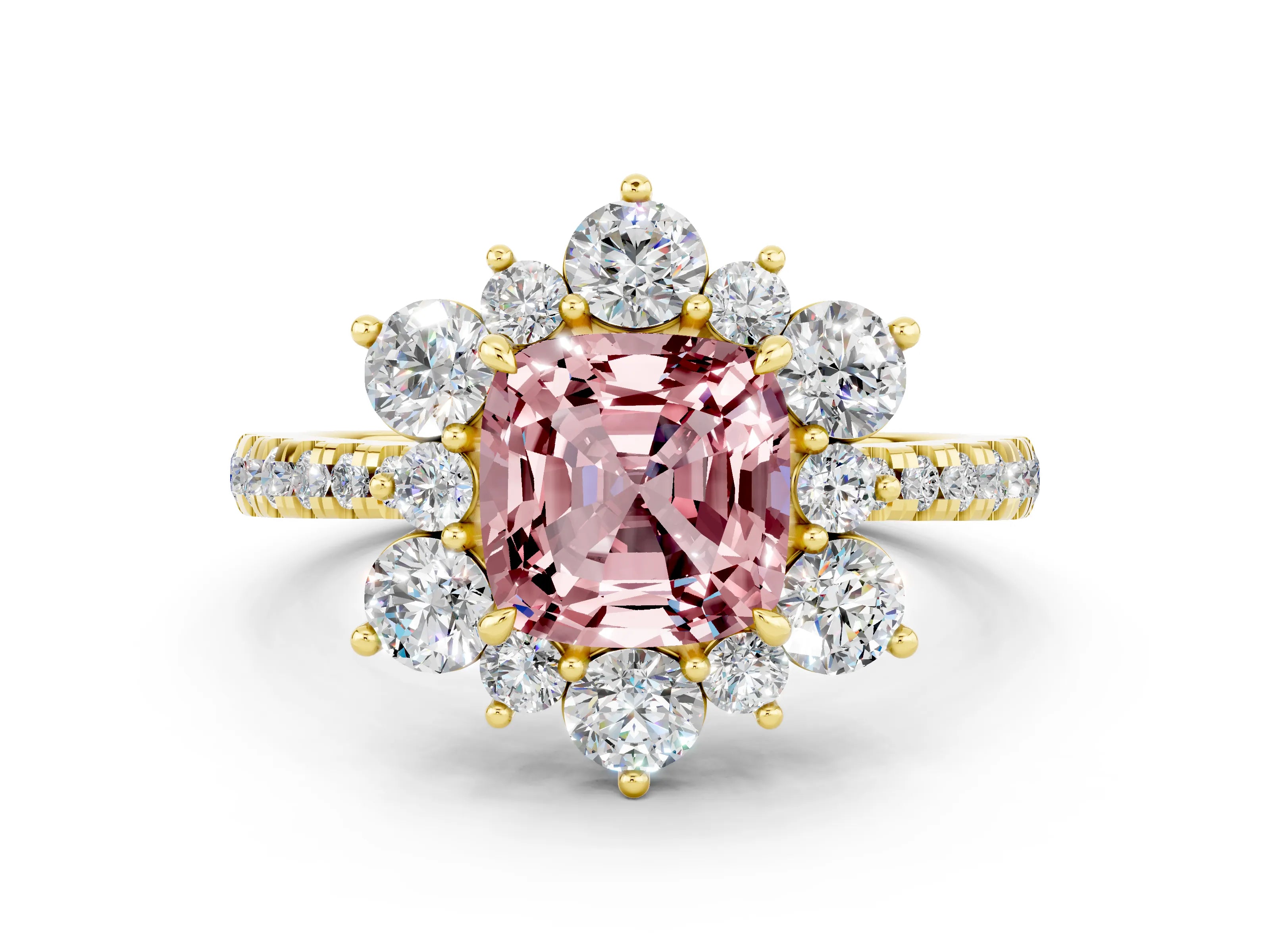 Yellow gold Cushion Cut Cut Diamond Floral Halo Pave Band with Prong Setting