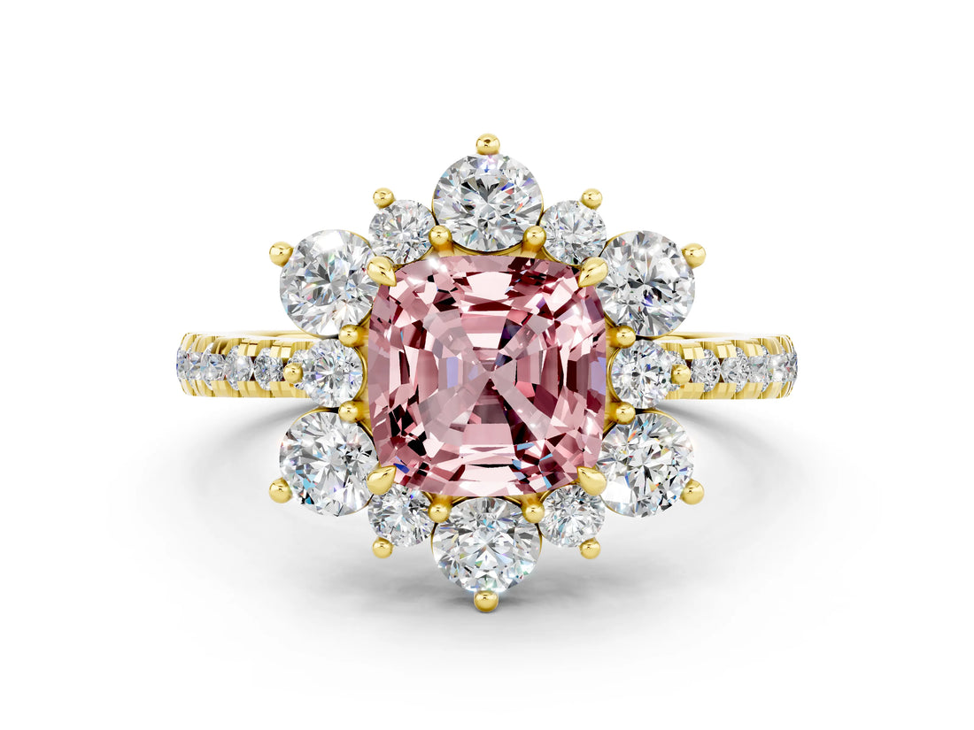 Yellow gold Cushion Cut Cut Diamond Floral Halo Pave Band with Prong Setting