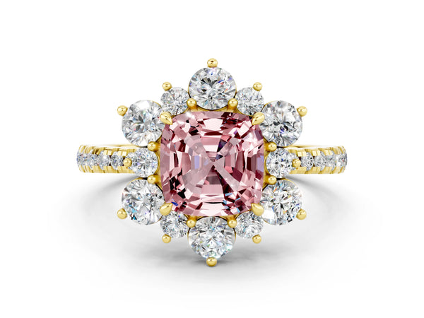 Yellow gold Cushion Cut Cut Diamond Floral Halo Pave Band with Prong Setting