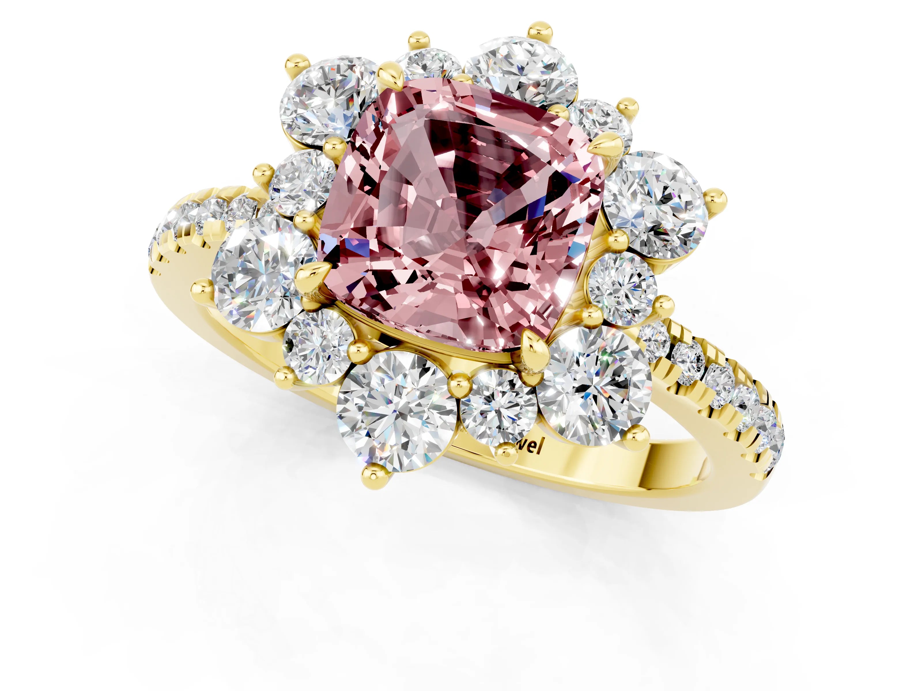 Yellow gold Cushion Cut Cut Diamond Floral Halo Pave Band with Prong Setting_1