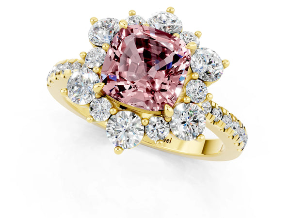 Yellow gold Cushion Cut Cut Diamond Floral Halo Pave Band with Prong Setting
