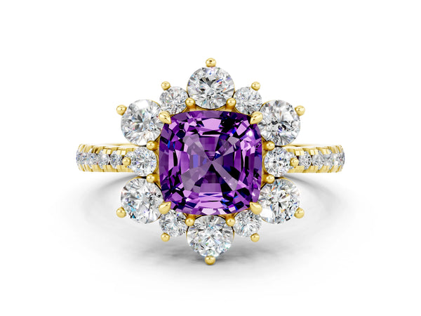 Yellow gold Cushion Cut Amethyst Floral Halo Ring with Round Pavé Band and Prong Setting